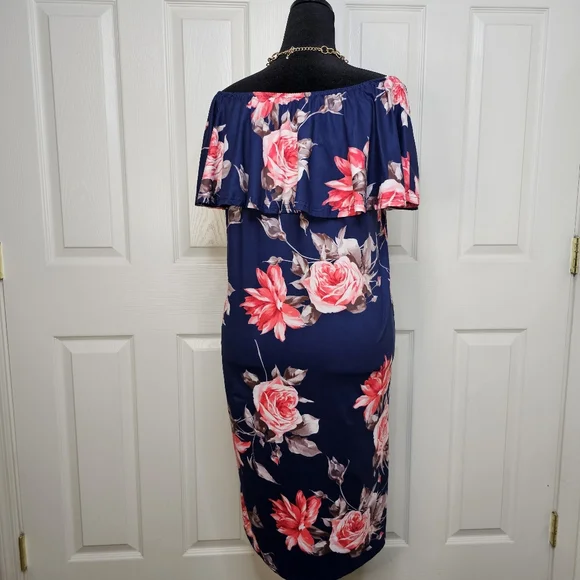 D11: Sz Xl Miss Qee Floral Off-Shoulder Navy Dress - Picture 4 of 5